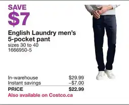 Costco English Laundry men's 5-pocket pant offer