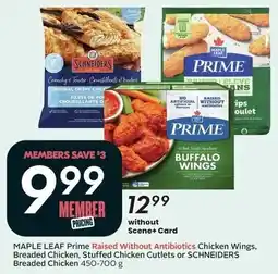 Sobeys Maple leaf prime raised without antibiotics chicken wings, breaded chicken, stuffed chicken cutlets offer