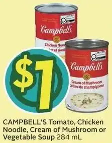Sobeys Campbell's tomato, chicken noodle, cream of mushroom or vegetable soup offer