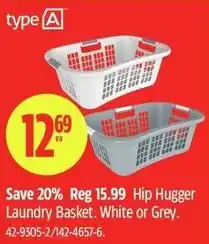 Canadian Tire Type A hip hugger laundry basket white or grey offer