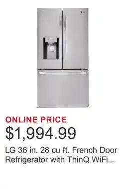 Costco LG 36 in. 28 cu ft. French Door Refrigerator with ThinQ WiFi Connectivity offer