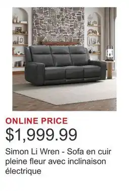 Costco Simon Li Wren - Sofa en cuir pleine fleur avec inclinaison électrique offer
