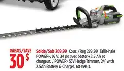 Canadian Tire EGO POWER+ 56V Hedge Trimmer, 24 with 2.5Ah Battery & Charger offer
