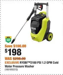 Home Depot EXCLUSIVE RYOBI 2100 PSI 1.2 GPM Cold Water Pressure Washer offer