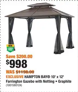 Home Depot EXCLUSIVE HAMPTON BAY 10' x 12' Farrington Gazebo with Netting • Graphite offer