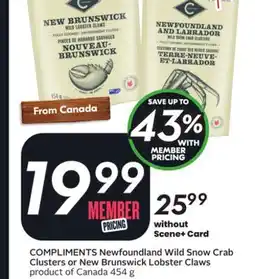 Sobeys COMPLIMENTS Newfoundland Wild Snow Crab Clusters or New Brunswick Lobster Claws offer