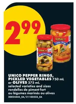 No Frills UNICO PEPPER RINGS, PICKLED VEGETABLES 750 mL or OLIVES 375 mL offer