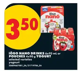 No Frills iÖGO NANO DRINKS, 6x93 mL or POUCHES, 4x90 g YOGURT offer