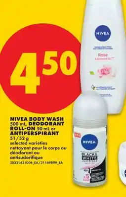 No Frills NIVEA BODY WASH 500 mL, DEODORANT ROLL-ON 50 mL or ANTIPERSPIRANT 51/52 g offer