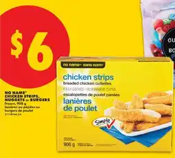 No Frills NO NAME CHICKEN STRIPS, NUGGETS or BURGERS offer