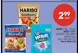 Shoppers Drug Mart HARIBO (170g - 175g) or NERDS GUMMY CLUSTERS (142g) CANDY offer