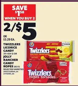Loblaws TWIZZLERS LICORICE CANDY, 311-454 G OR JOLLY RANCHER ROPES 283 G offer