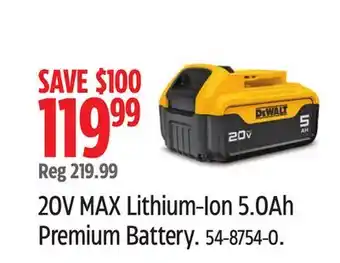 Canadian Tire DEWALT 20V MAX Lithium-Ion 5.0Ah Premium Battery offer