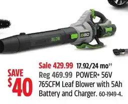 Canadian Tire EGO POWER+ 56V 765CFM Leaf Blower with 5Ah Battery and Charger offer
