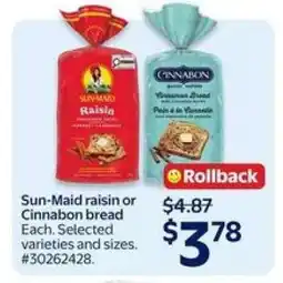 Walmart Sun-Maid Raisin or Cinnabon Bread offer