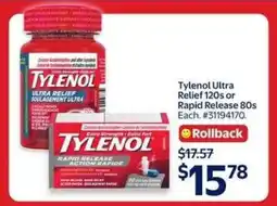 Walmart Tylenol Ultra Relief 120s or Rapid Release 80s offer