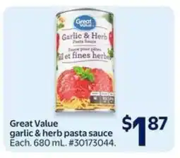 Walmart Great Value garlic & herb pasta sauce offer