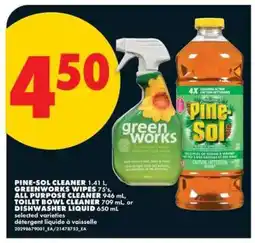 No Frills Pine-Sol Cleaner, Greenworks Wipes, All Purpose Cleaner, Toilet Bowl Cleaner, Dishwasher Liquid offer