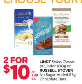 Rexall LINDT Swiss Classic or Lindor 100g or RUSSELL STOVER No Sugar Added 85g Chocolate Bars offer