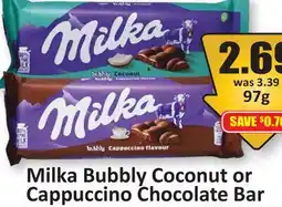 Starsky Milka Bubbly Coconut or Cappuccino Chocolate Bar offer