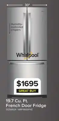 Leon's Whirlpool 29.5 20 Cu. Ft. Stainless Steel French Door Refrigerator - WRF560SFHZ offer