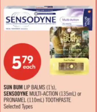 Shoppers Drug Mart SUN BUM LIP BALMS (1's), SENSODYNE MULTI-ACTION (135mL) or PRONAMEL (110mL) TOOTHPASTE offer