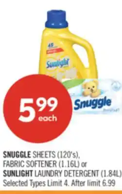 Shoppers Drug Mart SNUGGLE SHEETS (120's), FABRIC SOFTENER (1.16L) or SUNLIGHT LAUNDRY DETERGENT (1.84L) offer
