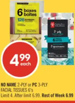 Shoppers Drug Mart NO NAME 2-PLY or PC 3-PLY FACIAL TISSUES offer