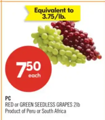 Shoppers Drug Mart PC RED or GREEN SEEDLESS GRAPES offer
