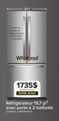 Leon's Whirlpool Réfrigérateur 20 pi³ de 29,5 po avec porte à 2 battants acier inoxydable - WRF560SFHZ offer