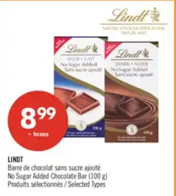 Pharmaprix LINDT No Sugar Added Chocolate Bar offer
