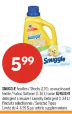 Pharmaprix SNUGGLE Sheets, 120's Fabric Softener, 1.16 L or SUNLIGHT Laundry Detergent, 1.84 L offer