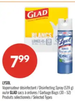 Pharmaprix LYSOL disinfecting spray (539 g) or GLAD garbage bags (30 – 52) offer
