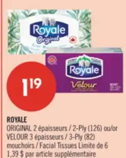 Pharmaprix ROYALE ORIGINAL 2-Ply (126) or VELOUR 3 3-Ply (82) Facial Tissues offer