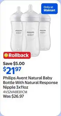 Walmart Philips Avent Natural Baby Bottle With Natural Response Nipple 3x11oz offer