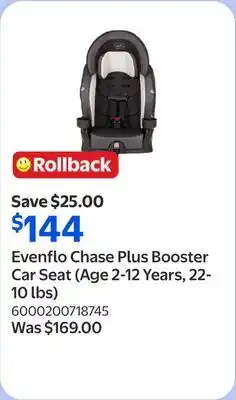 Walmart Evenflo Chase Plus Booster Car Seat (Age 2-12 Years, 22-10 lbs) offer