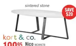 The Brick Kort & Co. Nico 51 Modern Oval Coffee Table - White Sinetered Stone with Dark Grey Metal Legs offer