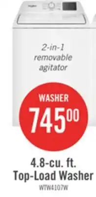 The Brick Whirlpool 4.8 Cu. Ft. Top Load Washer with 2-in-1 Removable Agitator - WTW4107SW offer