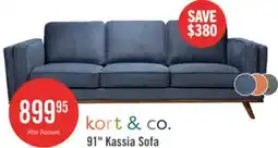 The Brick Kort & Co. Kassia 90.6 Linen-Look Fabric Sofa with Wood Base and Legs - Blue offer