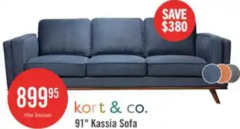 The Brick Kort & Co. Kassia 90.6 Linen-Look Fabric Sofa with Wood Base and Legs - Blue offer