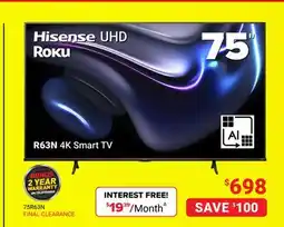 Visions Electronics Hisense 75 UHD Roku R63N 4K Smart TV offer