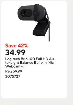Staples Logitech Brio 100 Full HD Auto-Light Balance Built-In Mic Webcam - Graphite offer