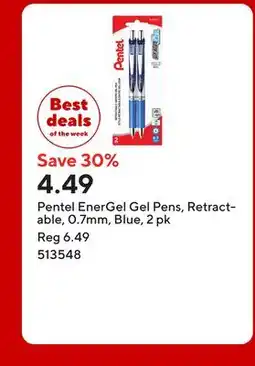Staples Pentel EnerGel Gel Pens, Retractable, 0.7mm, Blue offer