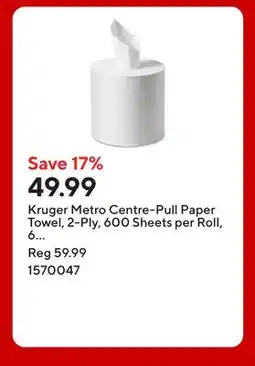 Staples Kruger Metro Centre-Pull Paper Towel, 2-Ply, 600 Sheets per Roll offer