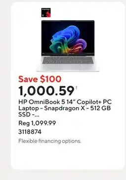 Staples HP OmniBook 5 14 Copilot+ PC Laptop - Snapdragon X - 512 GB SSD - 16 GB RAM - Windows 11 Home offer