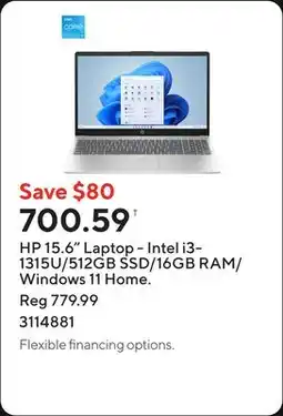 Staples HP 15.6 Laptop - Intel i3-1315U/512GB SSD/16GB RAM/Windows 11 Home offer