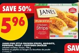 No Frills Janes pub style chicken strips, nuggets, burgers, fries or popcorn chicken offer