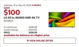 Costco LG 65 in. NU860 UHD 4K TV offer