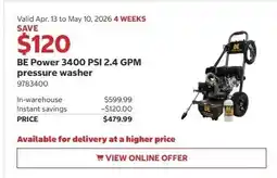 Costco BE Power 3400 PSI 2.4 GPM pressure washer offer