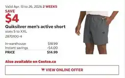 Costco Quiksilver men's active short offer
